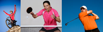 Photo Montage showing a mountain biker, a table-tennis player and a golfer
