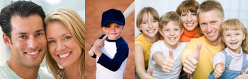 Photo Montage showing a couple smiling, a boy in his cricket outfit and a picture of a happy family